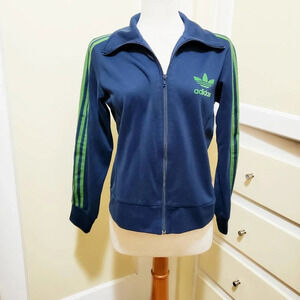 Adidas Vintage Jacket / Navy w/ Neon Green Stripes / Size Medium